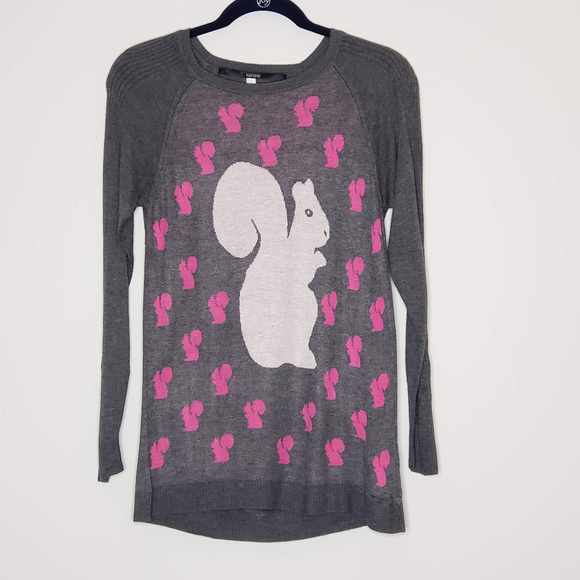 Kensie Sweaters - Kensie lightweight gray graphic squirrel sweater